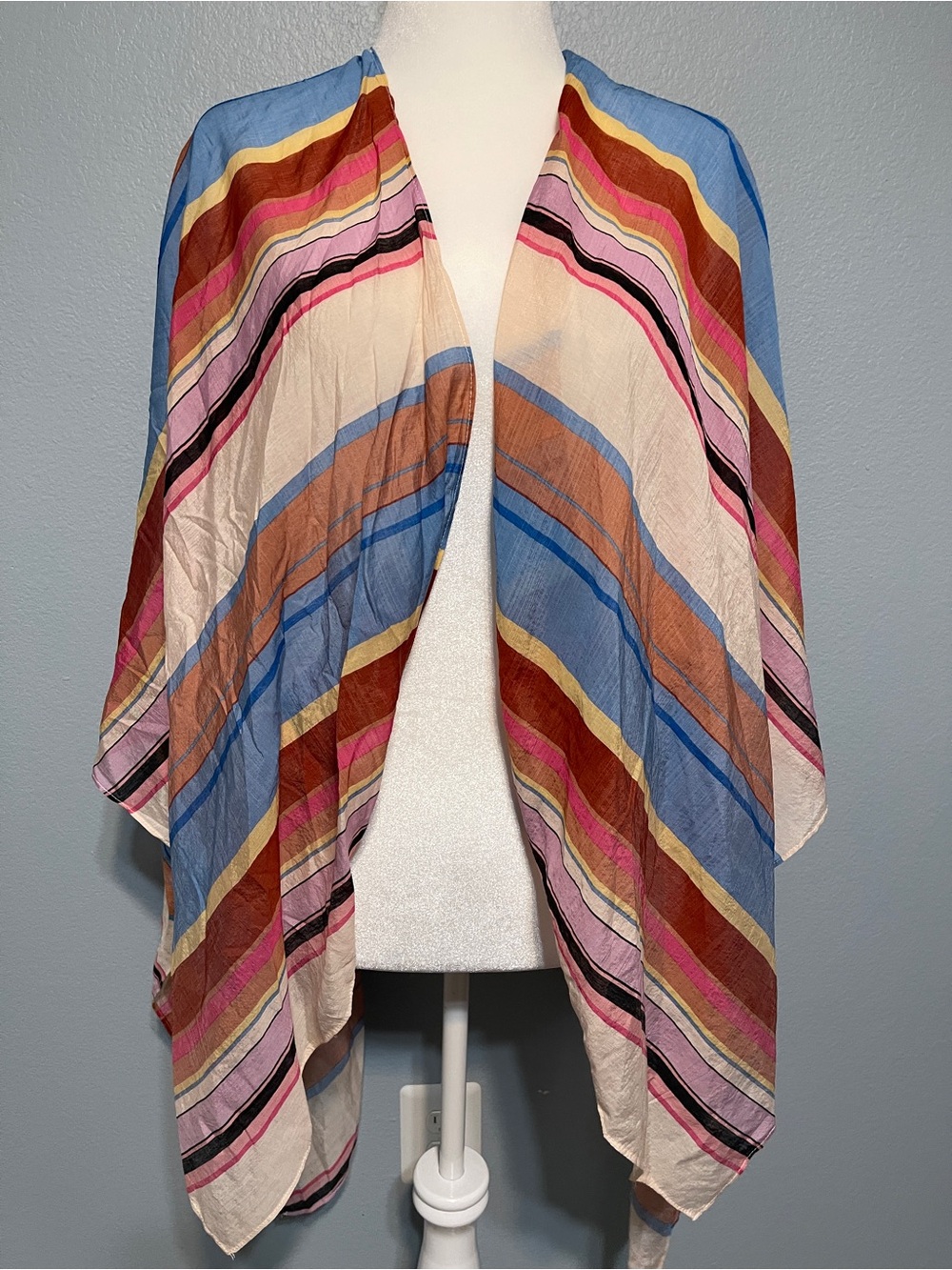 Umgee Striped Kimono Cardigan Blue Pink Open Front Lightweight Boho Duster S/M